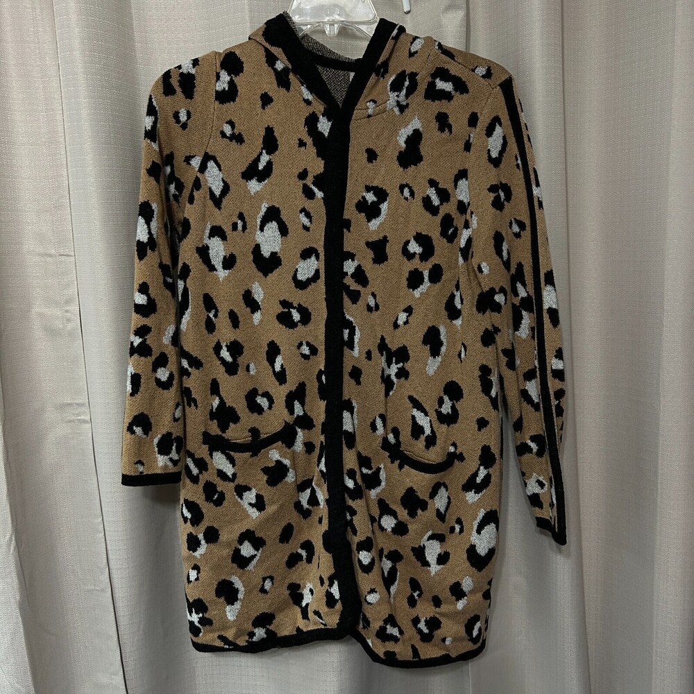 Chico's Animal Print Hooded Cardigan Sweater Women's Size 1 / M Button Front